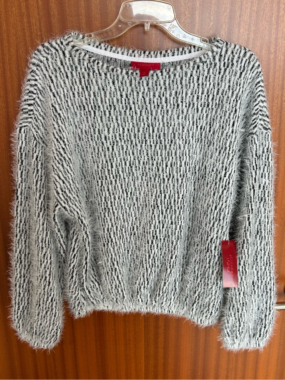 Jennifer Lopez Black & White Fuzzy Crewneck Sweater